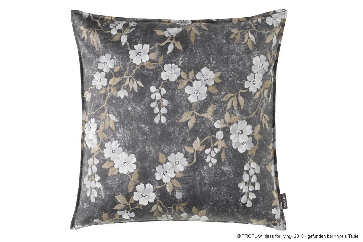 Leonida, Alloverdruck, weiße Blumen, dunkler Fond, Satin, Tischläufer 50x140cm, grafit/weiß