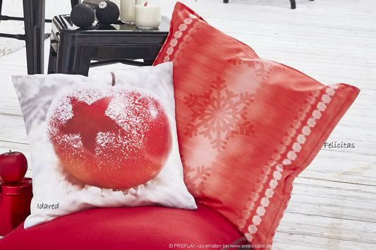 Felicitas, winterlicher Druck m. Schneesternen und Streifen, rot, Kissen 40x60cm
