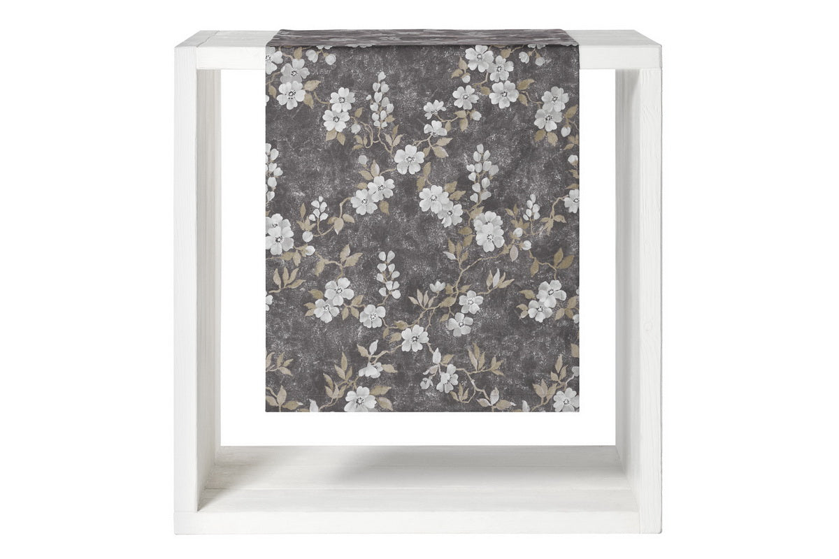 Leonida, Alloverdruck, weiße Blumen, dunkler Fond, Satin, Tischläufer 50x140cm, grafit/weiß