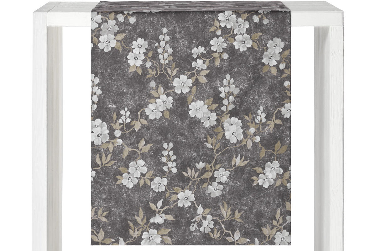 Leonida, Alloverdruck, weiße Blumen, dunkler Fond, Satin, Tischläufer 50x160cm, grafit/weiß