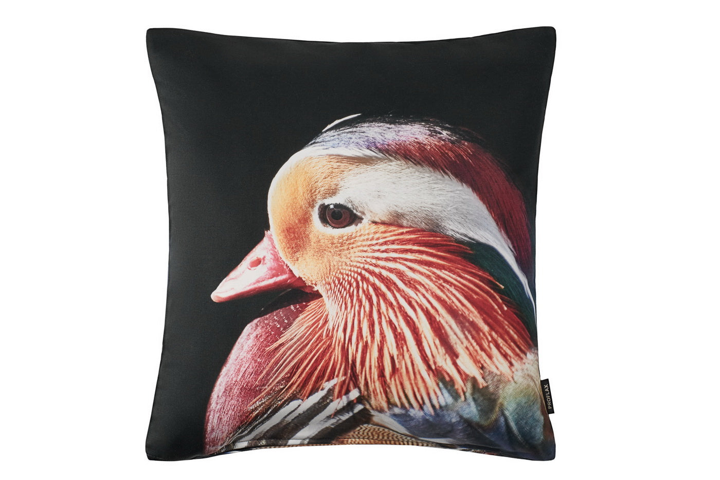 Mandarin, Digitaldruck Mandarinente, Satin, Kissen, schwarz/bunt