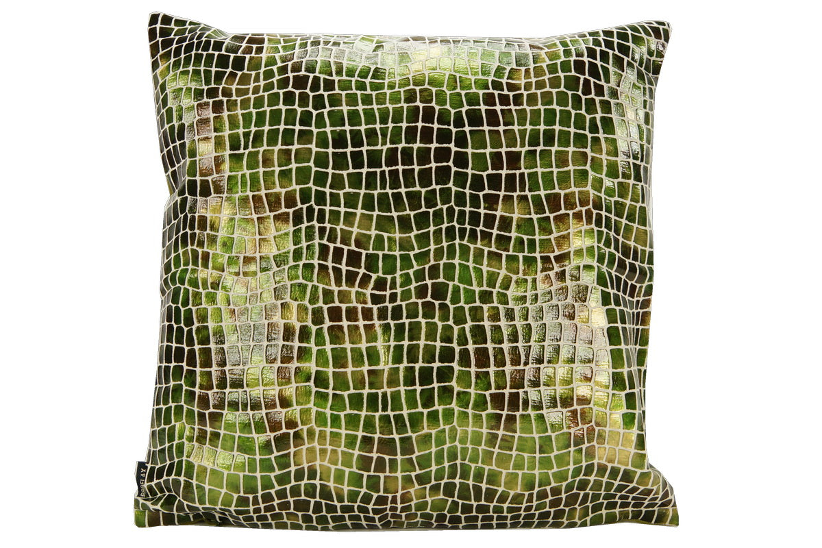 Croco, Kissen, 27x43cm, oliv, Krokodil-Leder-Imitat, metallische Optik, Rückseite Stoff