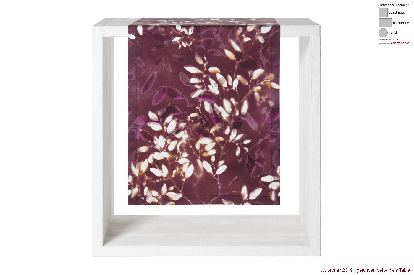 Anthea, Tischläufer 50x50cm, Alloverdruck, helle Blätter, dunkler Fond, Satin, aubergine